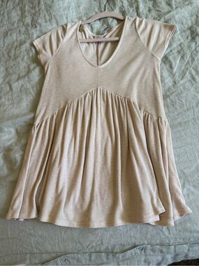 Women's Cream Pink Ribbed Babydoll Short-Sleeve Top